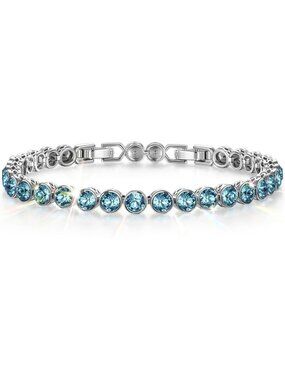 Women's Aquamarine Blue Birthstone Tennis Swarovski Crystals Adjustable Bracelet